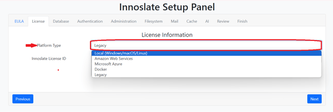 4.9 setup step 2 platform type dropdown