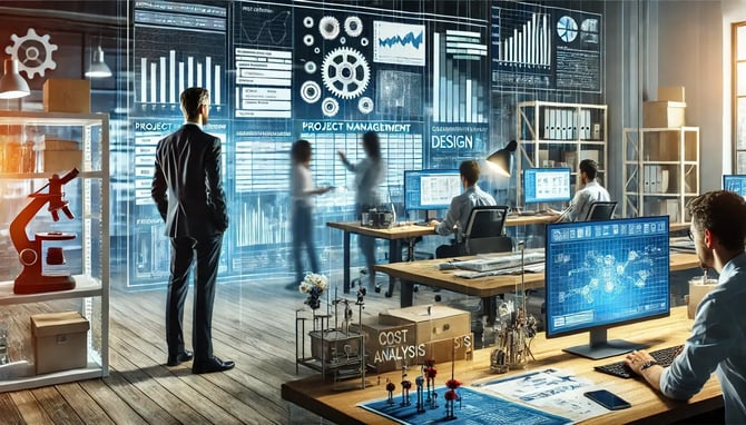 DALL·E 2024-06-19 14.18.29 - A professional and modern engineering office with a diverse team of engineers working collaboratively on various projects. The scene includes project