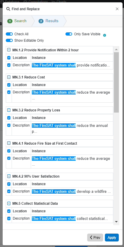 Find and replace results docs view