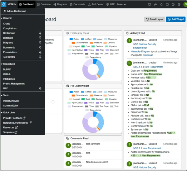 Innoslate Dashboard Types Dropdown