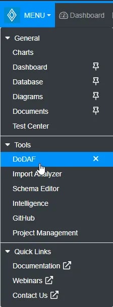 menu dodaf dashboard