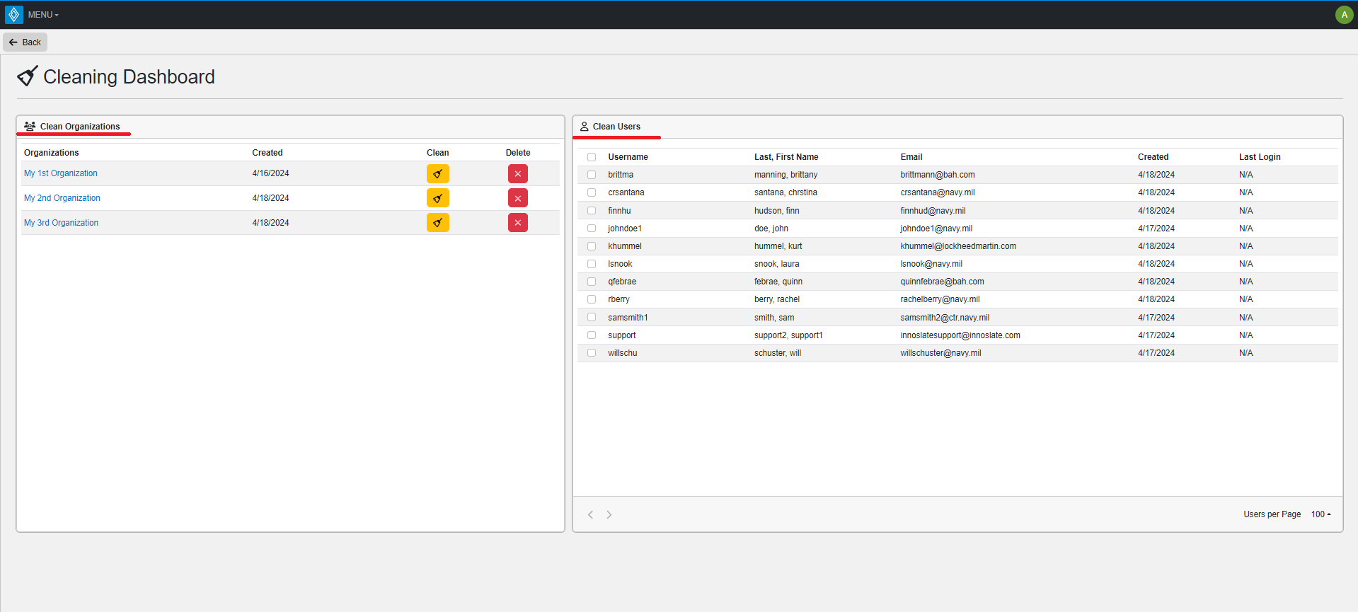 Cleaning Dashboard