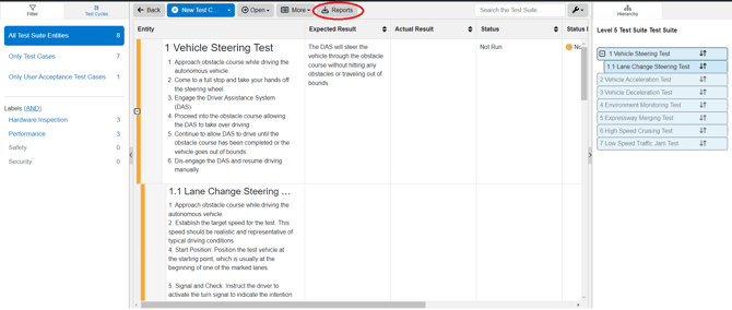 reports menu test suite view