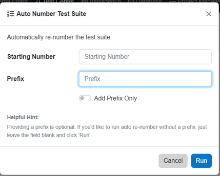 auto number window in test suite view