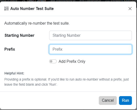 auto number window in test suite view