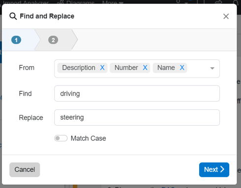 find and replace window in test suite view