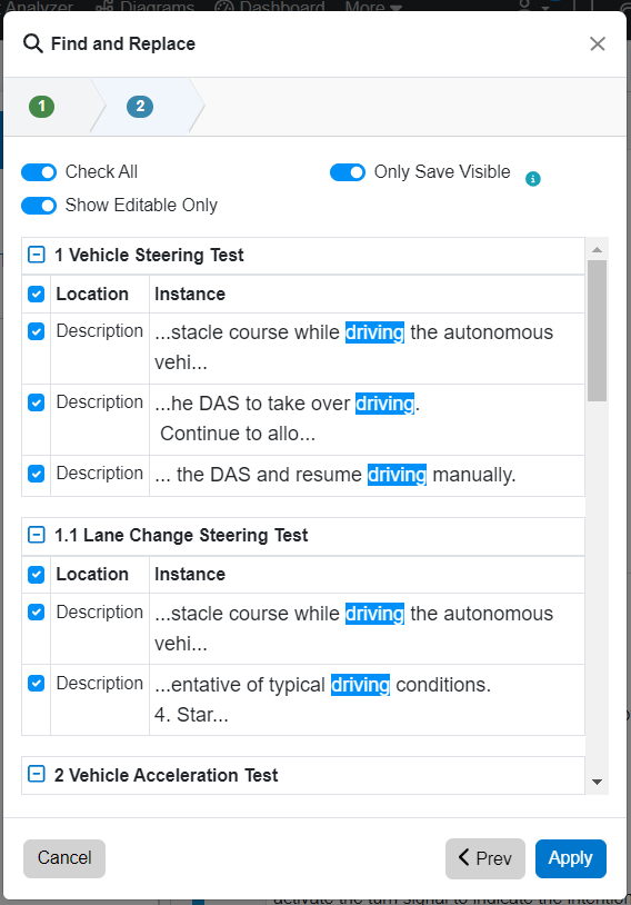 find and replae confirmation in test suite view