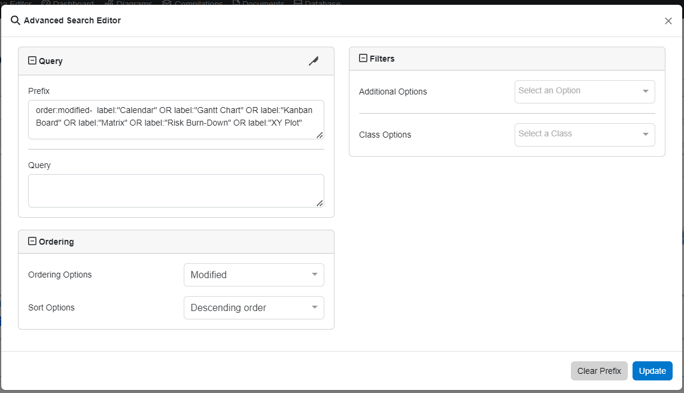 advanced search editor all existing charts widget