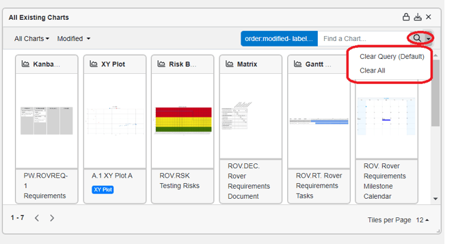all exisitng charts widget searching options