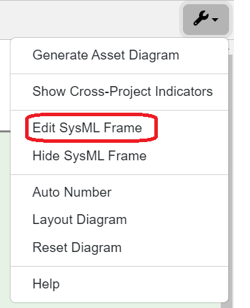 edit sysml frame Activity Diagram settings menu