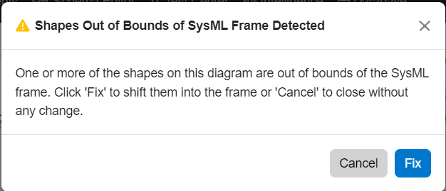 out of sysml frame warning window