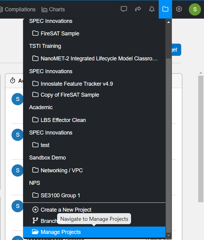 switch organizations via manage projects